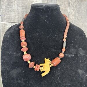Vintage Safari Tribal Necklace Carved Animal Pendant Wood Stone Boho